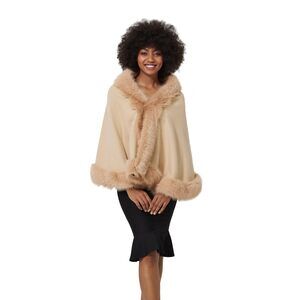 8929 Faux Fur Shawl Wrap Women Cape Poncho Cloak With Trim